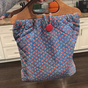 Vintage apple quilted hand bag wooden handles Fruit blue apple